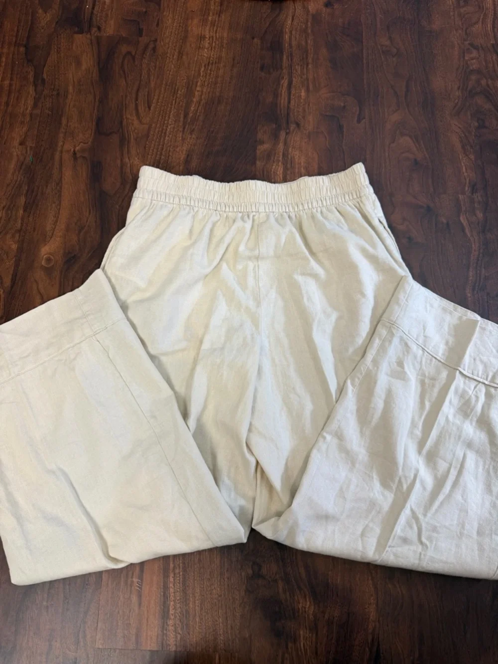 Zara Beige Linen Blend Elastic Waist Straight Leg Pleated Pants